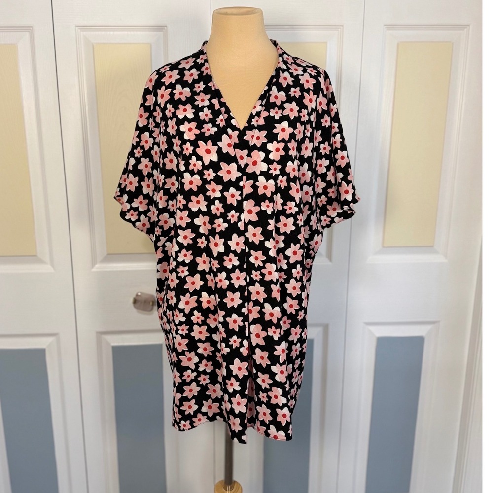 Cabi 5347 Black Pink Daisy Floral V-Neck Relaxed Blouse Top Womens XL